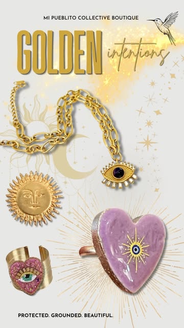 Gold vintage jewelry: sun cuff, eye necklace, and heart ring
