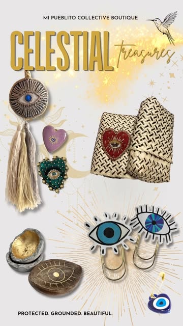 Pre-loved celestial pieces: eye charms, woven clutch, and tassel pendant